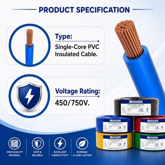 Million 100% Pure Copper Electrical Cables (SIRIM) 1.5MM/2.5MM x 100M - Black/Blue/Green/Red/Yellow Million 100% Pure Copper Electrical Cables (SIRIM) 1.5MM/2.5MM x 100M - Black/Blue/Green/Red/Yellow