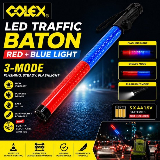 Colex 5400 LED Traffic Baton Red/Blue Light 38MM (D) x 540MM 21" (L) With Magnetic, Flashlight & Whistle Colex 5400 LED Traffic Baton Red/Blue Light 38MM (D) x 540MM 21" (L) With Magnetic, Flashlight & Whistle