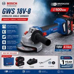 Bosch GWS 18V-8 Cordless Brushless Angle Grinder 4'' 100MM 18V 4.0Ah (06019N90L0)