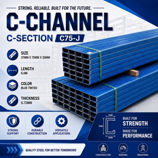 TH C-Section C-Channel #151 CQ Steel Blue Tinted 0.72MM (T) x 37MM x 75MM x 35MM x 6.0M (L) TH C-Section C-Channel #151 CQ Steel Blue Tinted 0.72MM (T) x 37MM x 75MM x 35MM x 6.0M (L)