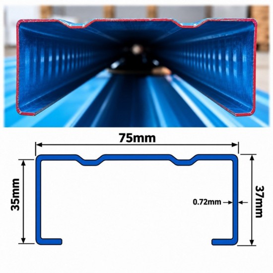 TH C-Section C-Channel #151 CQ Steel Blue Tinted 0.72MM (T) x 37MM x 75MM x 35MM x 6.0M (L) TH C-Section C-Channel #151 CQ Steel Blue Tinted 0.72MM (T) x 37MM x 75MM x 35MM x 6.0M (L)