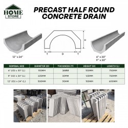 Home Store Precast Half Round Concrete Drain 6" (ID) x 30" (L) / 9" (ID) x 30" (L) / 12" (ID) x 24" (L)