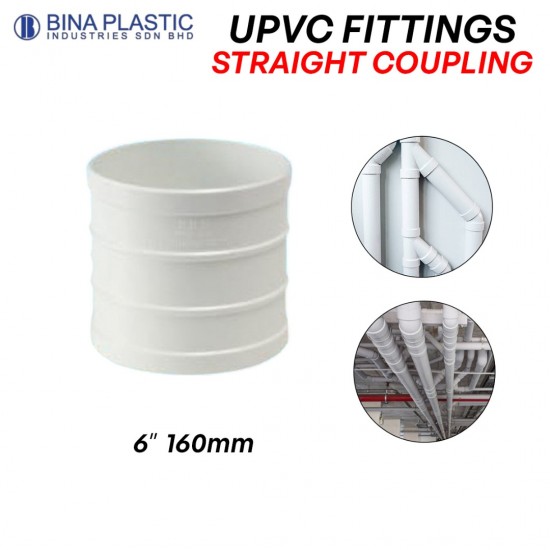 Bina Plastic UPVC Fittings Straight Coupling 6" 160MM Bina Plastic UPVC Fittings Straight Coupling 6" 160MM