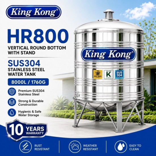 King Kong HR800 Vertical Round Bottom With Stand Stainless Steel Water Tank 8000L/1760G King Kong HR800 Vertical Round Bottom With Stand Stainless Steel Water Tank 8000L/1760G
