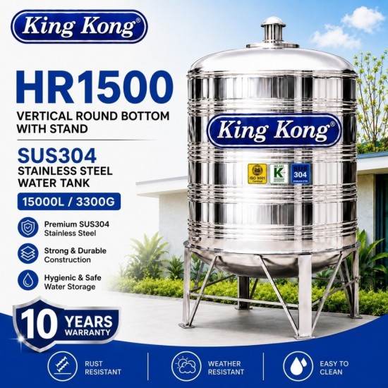 King Kong HR1500 Vertical Round Bottom With Stand Stainless Steel Water Tank 15000L/3300G King Kong HR1500 Vertical Round Bottom With Stand Stainless Steel Water Tank 15000L/3300G