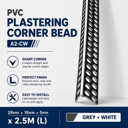 PVC A2-CW Plastering Corner Bead 28MM x 18MM x 5MM x 2.5M (L) Sharp Corner - Grey + White
