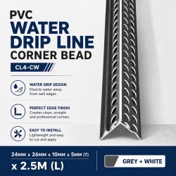 PVC CL4-CW Water Drip Line Corner Bead 24MM x 26MM x 10MM x 5MM x 2.5M (L) - Grey + White