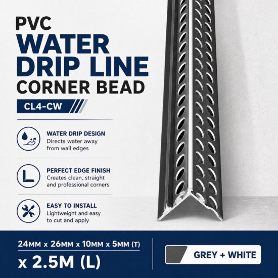 PVC CL4-CW Water Drip Line Corner Bead 24MM x 26MM x 10MM x 5MM x 2.5M (L) - Grey + White PVC CL4-CW Water Drip Line Corner Bead 24MM x 26MM x 10MM x 5MM x 2.5M (L) - Grey + White