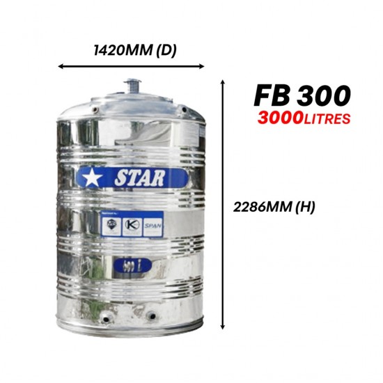 Star FB300 Flat Bottom Without Stand SUS304 Stainless Steel Water Tank 3000L/660G Star FB300 Flat Bottom Without Stand SUS304 Stainless Steel Water Tank 3000L/660G