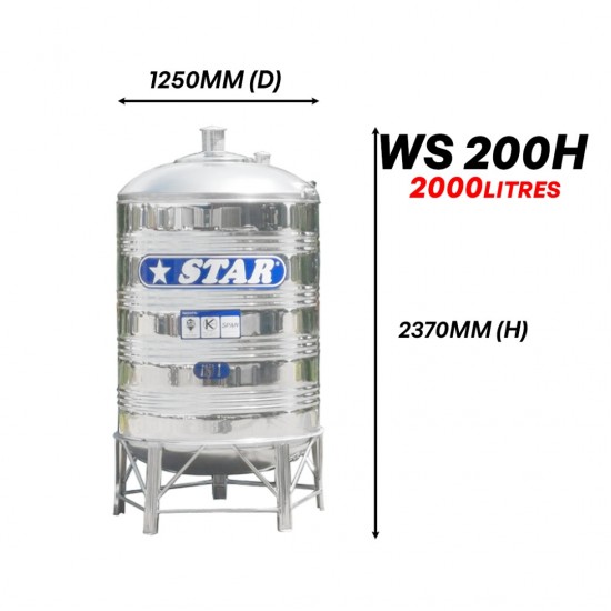 Star WS200H Round Bottom With Stand SUS304 Stainless Steel Water Tank 2000L/440G Star WS200H Round Bottom With Stand SUS304 Stainless Steel Water Tank 2000L/440G