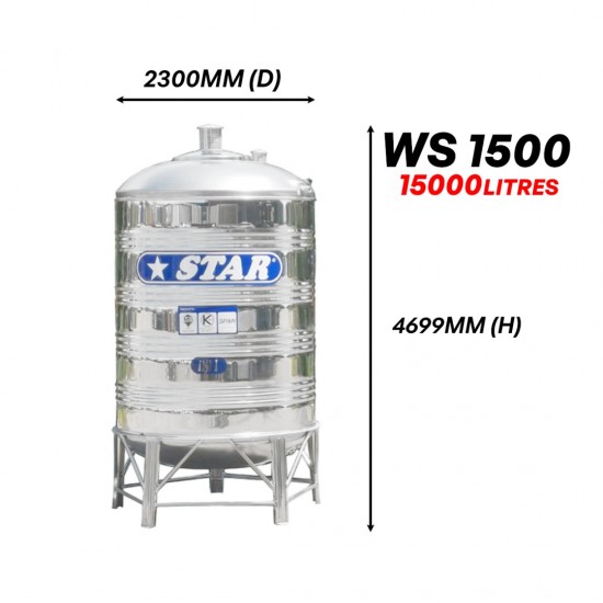 Star WS1500 Round Bottom With Stand SUS304 Stainless Steel Water Tank 15000L/3300G Star WS1500 Round Bottom With Stand SUS304 Stainless Steel Water Tank 15000L/3300G