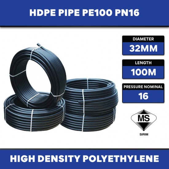 High Density Polyethylene HDPE Pipe 32MM (OD) x 100M (L) PN16 PE100 ~28KG (SIRIM) BBB High Density Polyethylene HDPE Pipe 32MM (OD) x 100M (L) PN16 PE100 ~28KG (SIRIM) BBB