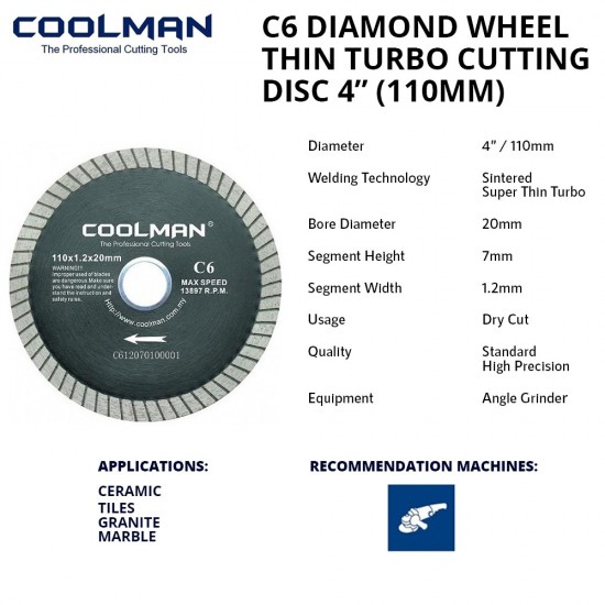 Coolman C6 4" (110MM) Turbo Diamond Cutting Disc Coolman C6 4" (110MM) Turbo Diamond Cutting Disc