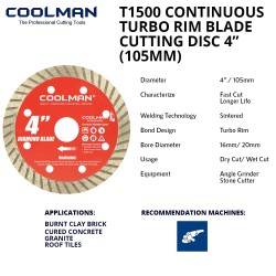 Coolman T1500 4" (105MM) Continuous Turbo Rim Cutting Disc 