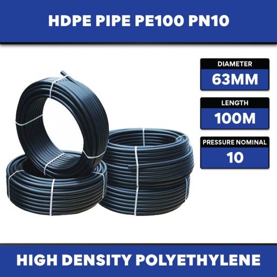 High Density Polyethylene HDPE Pipe 63MM (OD) x 100M (L) PN10 PE100 ~72.2KG (NONE-SIRIM) High Density Polyethylene HDPE Pipe 63MM (OD) x 100M (L) PN10 PE100 ~72.2KG (NONE-SIRIM)