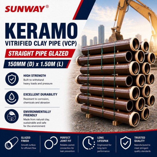 Sunway Keramo Vitrified Clay Pipes (VCP) Straight Pipe 150MM (DIA) x 1.50M (L) (6" x 4.92') Sunway Keramo Vitrified Clay Pipes (VCP) Straight Pipe 150MM (DIA) x 1.50M (L) (6" x 4.92')