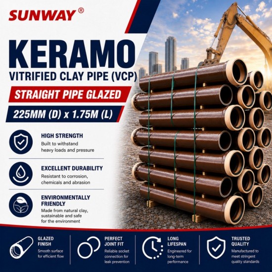 Sunway Keramo Vitrified Clay Pipes (VCP) Straight Pipe 225MM (DIA) x 1.75M (L) (9" x 5.74')