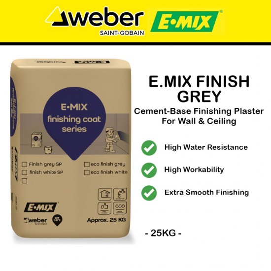 E.Mix Finish Premixed Thin Cement-Based Finishing Plaster For Wall And Ceiling In Dry Or Wet Interior Only 25KG (GREY)