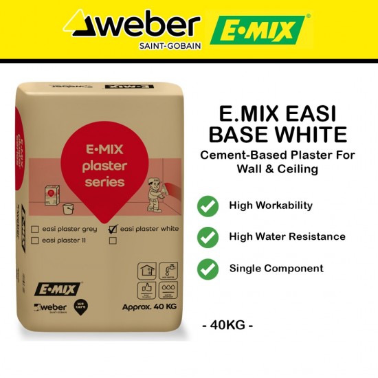 E.Mix Easi Base Premixed Cement-based Plaster For Wall And Ceiling In Dry Or Wet Interior Only 40KG (WHITE)