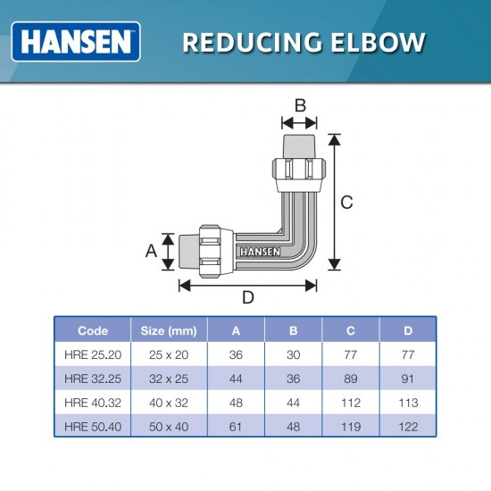 Hansen Fittings HRE 25.20 Reducing Elbow 25MM x 20MM - Black Hansen Fittings HRE 25.20 Reducing Elbow 25MM x 20MM - Black