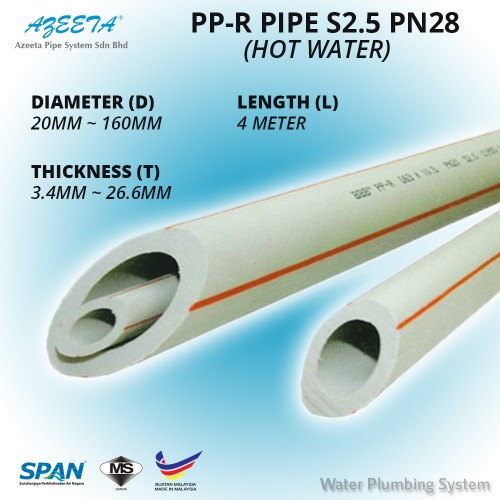 Azeeta PP-R Pipe PN28 S2.5 @ 20°c 20MM (OD) x 3.4MM (T) (Hot Water)