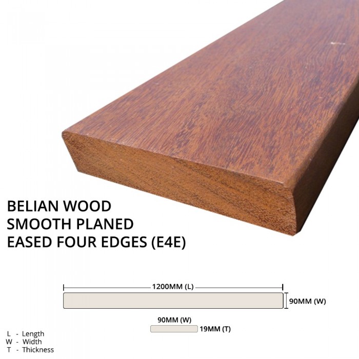 Belian Wood Timber Smooth Planed Eased Four Edges (E4E) 19MM (T) x 90MM (W) x 1200MM (L)