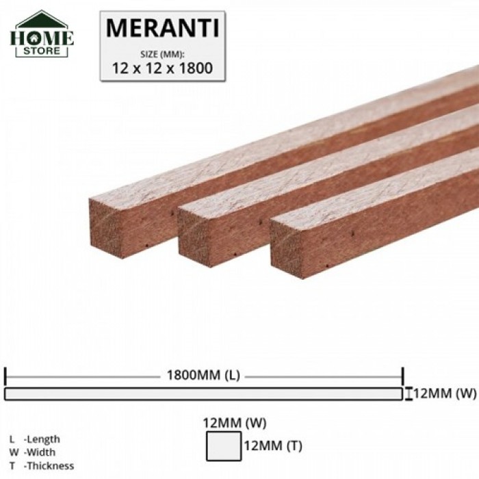 Home Store Meranti Wood Timber Smooth Planed Surfaced Four Sides (S4S) 12MM (T) x 12MM (W) x 1800MM (L)