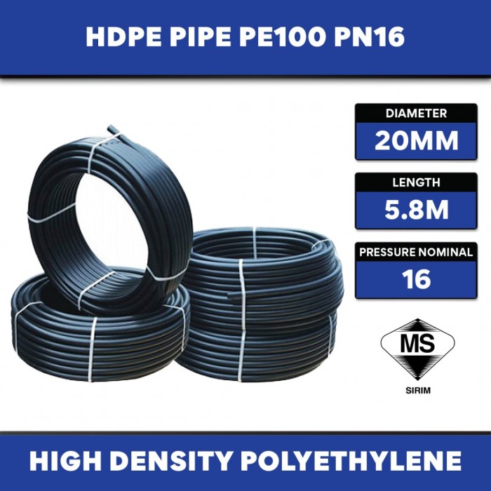High Density Polyethylene HDPE Pipe 20MM (OD) x 5M (L) PN20 PE100 ~0.67KG (SIRIM) BBB