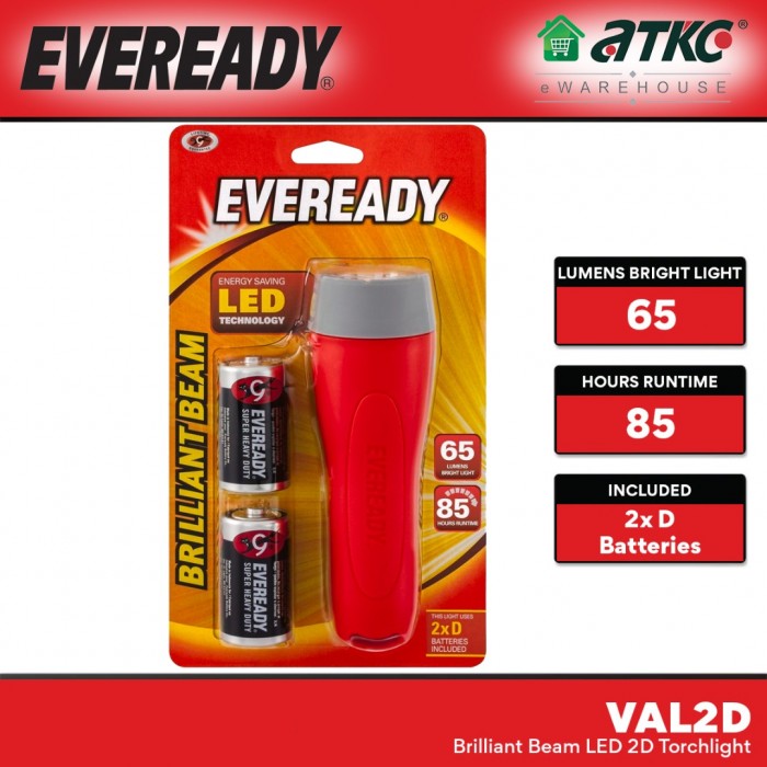 Eveready VAL2D Brilliant Beam LED Torchlight 65 Lumens C/W 2x D Batteries