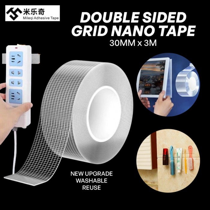 Mileqi Mesh Grid Double Sided Nano Tape 1.0MM (T) x 30MM (W) x 3M (L) - Clear